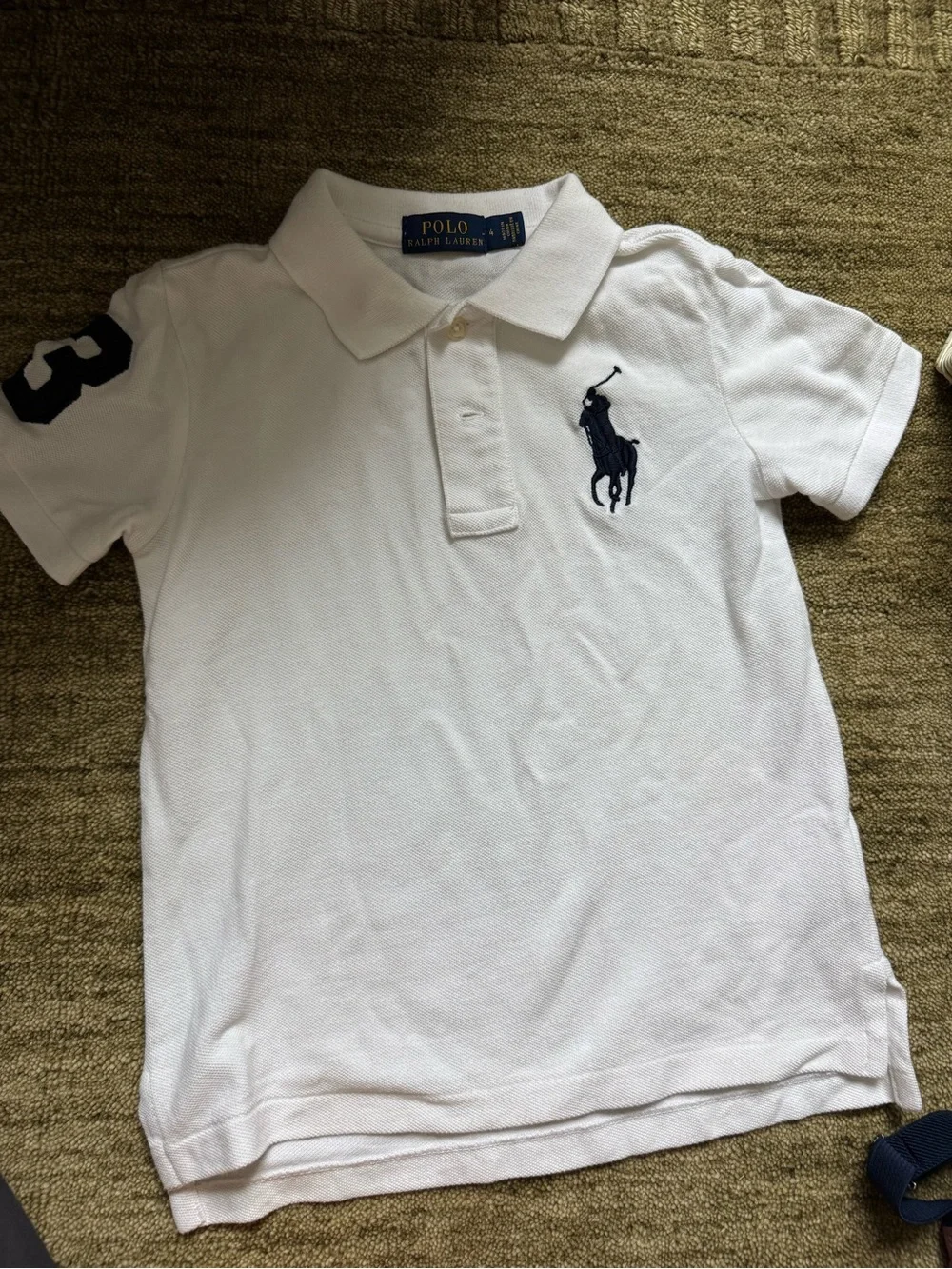 Ralph Lauren White Polo Shirt with Navy Pony and Sleeve Number; size 4T